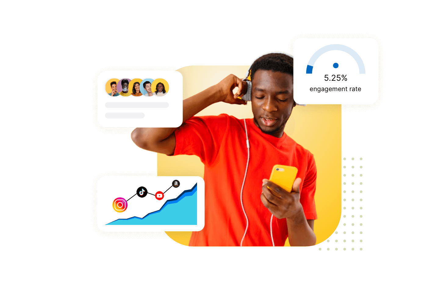 Streamline Your Influencer Outreach Campaigns | Gleemo A young man in a red shirt using an influencer outreach tool on his smartphone while wearing headphones. Digital overlays display influencer marketing campaign analytics, including engagement rate and audience growth across platforms like Instagram, TikTok, YouTube, and Amazon.
