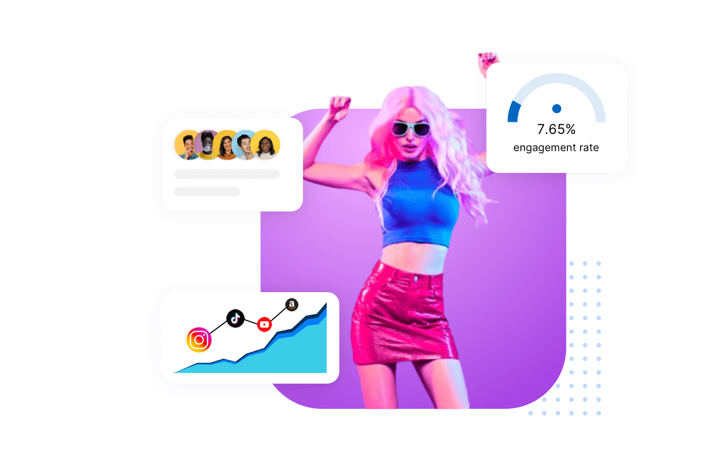 A vibrant influencer in sunglasses and stylish outfit poses with digital marketing analytics, showcasing engagement rates, audience insights, and social media growth trends